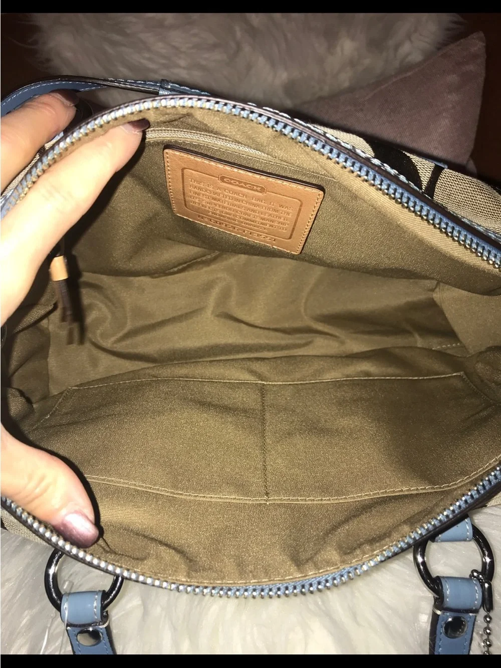 Coach Tan Signature Canvas Satchel with Light Blue Leather Trim
